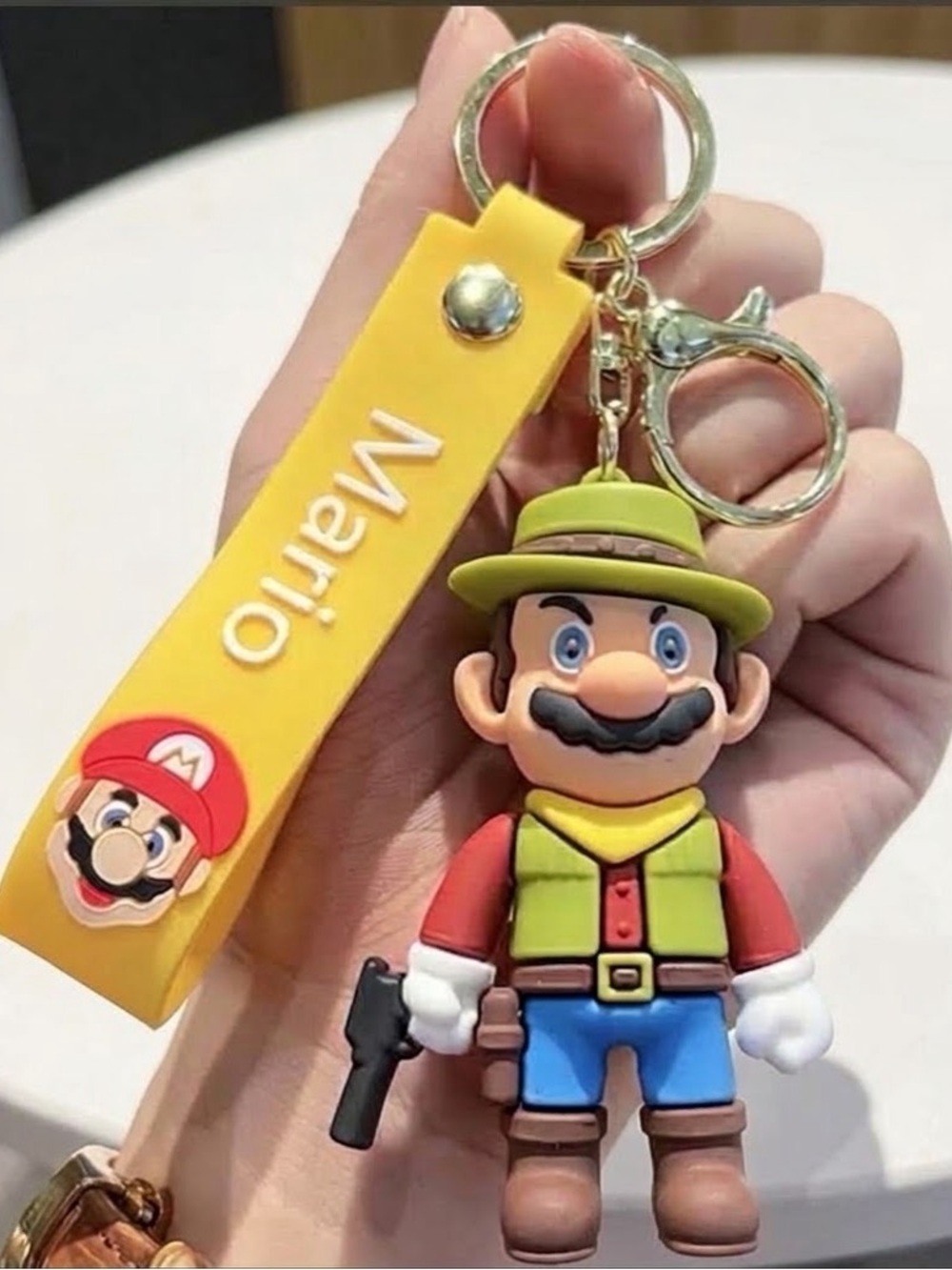 Yellow Mario-Inspired Kids Keychain with Cowboy Figure Strap